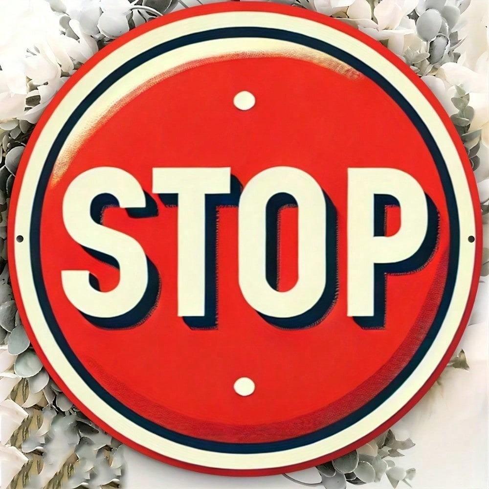 Винтажный цветочный знак «Стоп» Металлическое настенное искусство 20x20 дюймов, Ретро жестяная табличка с предварительно просверленными отверстиями, Водонепроницаемый декор для улицы для дома