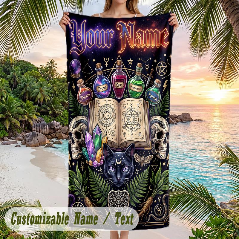 Witchcraft Theme Beach Towel Personalized Custom Name & Text Soft Quick Dry Beach Towel for Swimming Travel