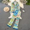 Runway Designer Vintage Pant Two Piece Set for Women Cyanotype Printed Blazer Shirt Trousers Suit