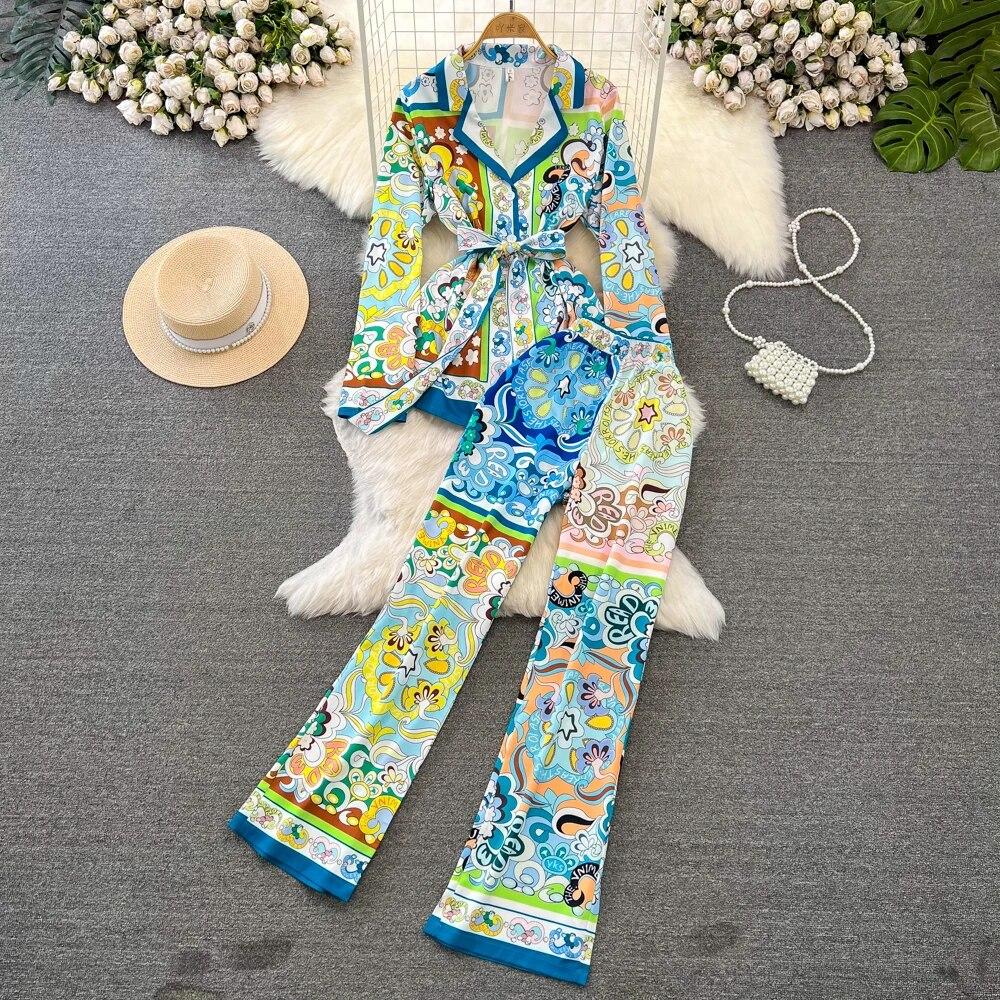 Runway Designer Vintage Pant Two Piece Set for Women Cyanotype Printed Blazer Shirt Trousers Suit