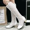 Spring Summer Boots Shoes Women Med Heels Knee Flower Lace Female Mujer Zipper Glitter Sexy White BiG Size 43 44 4546