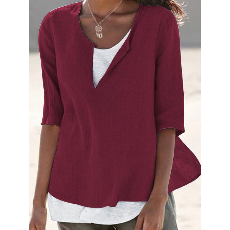 DAFIFY Женские модные повседневные летние весенние однотонные блузки и рубашки с круглым вырезом и рукавами 1/2 с принтом