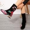 European Flower Medium Boots Autumn and Winter New Round Head Side Zipper Embroidered Large Size Rhinestones and Medium Heel Leather Boots