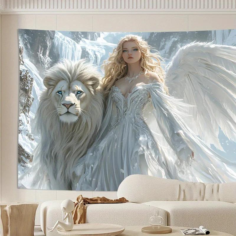 VIKAMA Ice and Snow Angel and White Lion Tapestry Fantasy Wonderland Beautiful Dreamy Style Living Room Home Decoration
