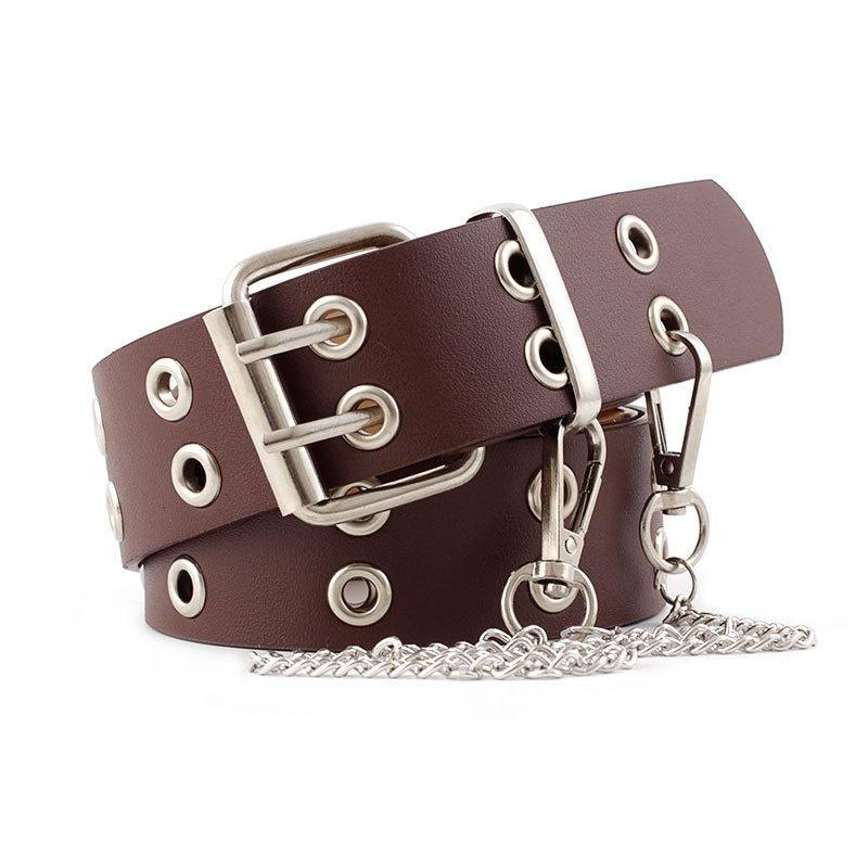 Women Punk Chain Fashion Belt Adjustable Double/Single Row Hole Eyelet Waistband with Eyelet Chain D