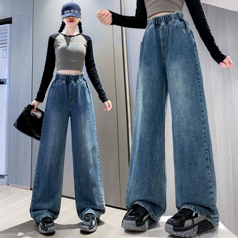 Брюки из плюшевого утолщенного денима: Высокая талия, универсальная, облегающая, прямая, широкая, женская одежда больших размеров.
