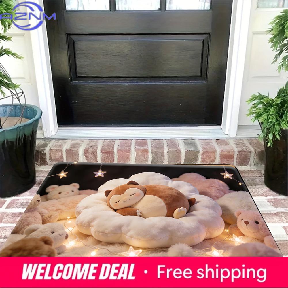 Cute Snorlax Sleeping with Teddy Bears & Star Lights Print Doormat Non-Slip Absorbent Floor Mat for Indoor Entrance