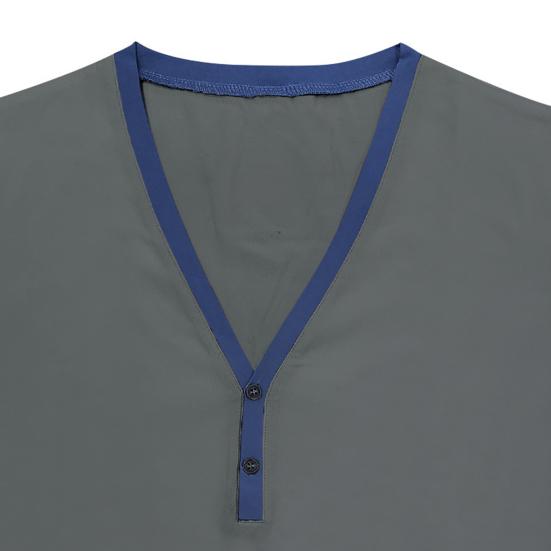 Men Summer T-shirt Short Sleeves Buttoned V Neck Contrasting Color Slim Fit Casual Pullover Mid Length Top for Outdoor Sport