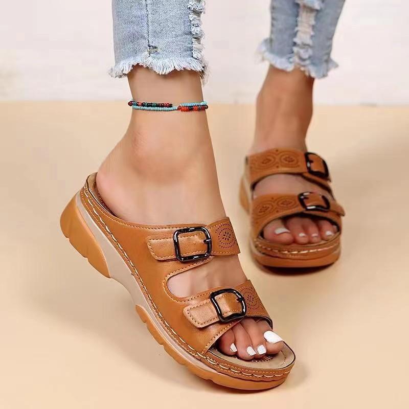 Large Size Muffin Platform Women's Slippers Summer New One-word Belt Buckle Sewing Line Round Head Slippers