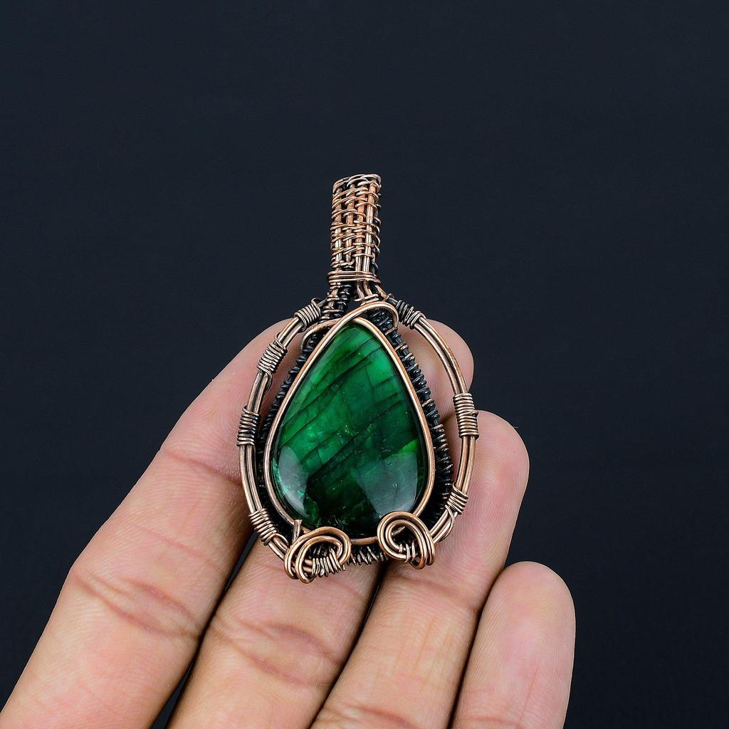 Подвеска из лабрадорита с зелёной вспышкой, ювелирное изделие из драгоценного камня, подвеска с обмоткой из медной проволоки 999 пробы, украшение ручной работы, подвеска с камнем-талисманом, подарок для него