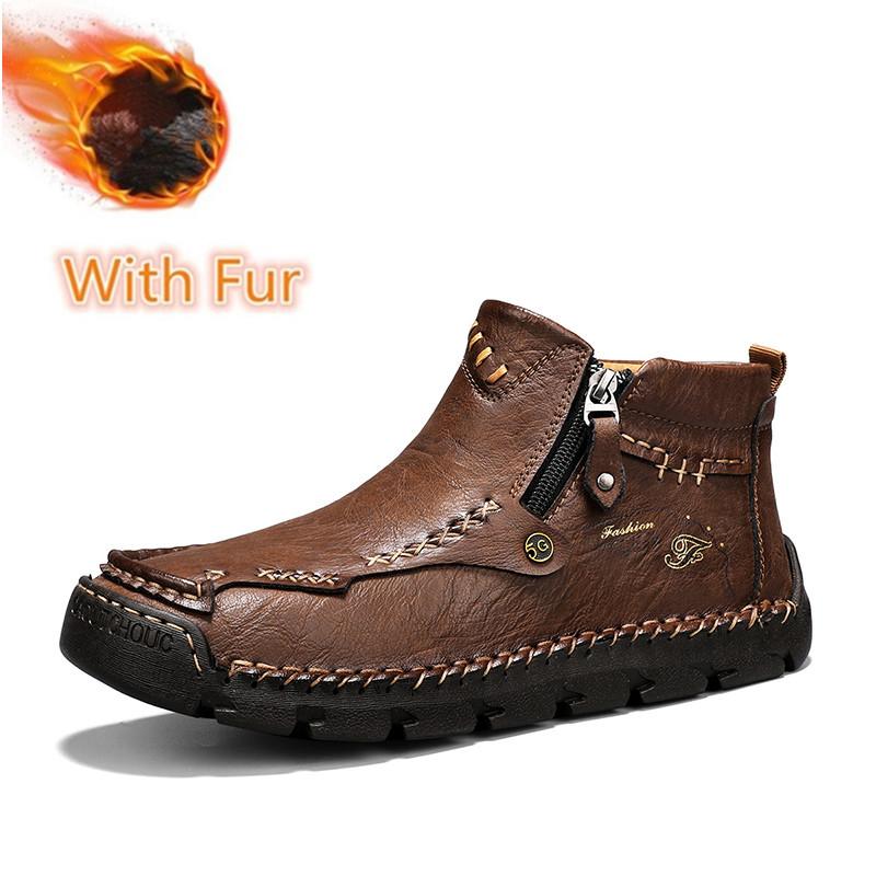 Stylish Men Winter Plush Snow Boots Side Zipper Men Low Top Casual Shoes Leather Male Motorcycle Boots Travel Men's Ankle Boots