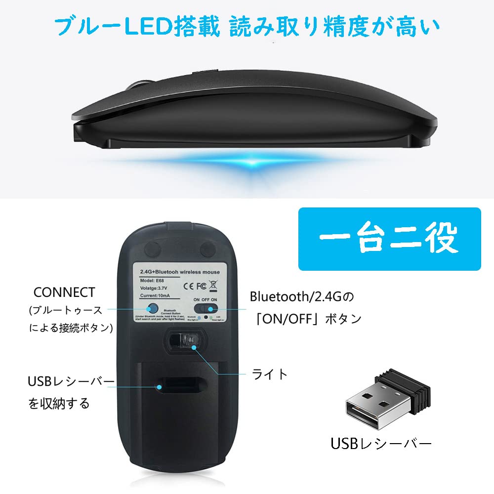 Перезаряжаемая Bluetooth-мышь Беспроводная мышь Тихая Тонкая Маленькая Беспроводная мышь 3 режима DPI Высокая точность Портативная Совместимая с сертифицированным типом TELEC Type-C