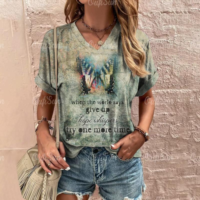 Women's T Shirt Fashion Butterfly Pattern Print Summer Short Sleeve Oversized Clothing Street Casual V Neck Female T-Shirt