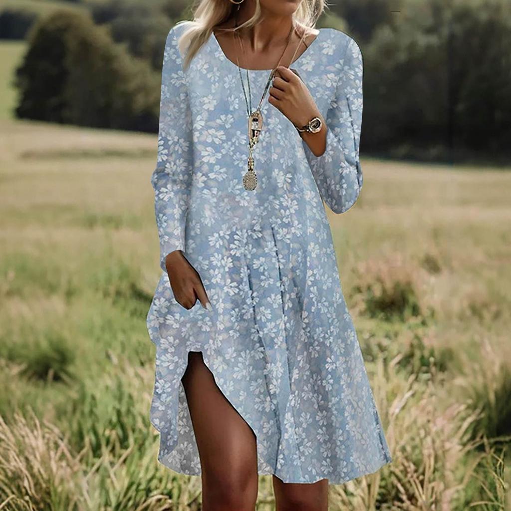 Long Sleeve Dress For Women Casual Loose Fit Summer Sundress Floral Print Dress With Pockets