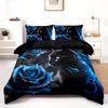 3D Black Cat Blue Rose Bedding Set Floral Animal Duvet Cover Set For Home & Dorm For Halloween