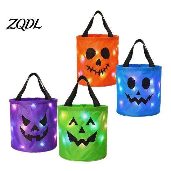 Large Capacity Holiday Gift Holders LED Light Up Halloween Bucket, Glow in The Dark Trick or Treat Candy Themed Party Tabletop Organizers Bag