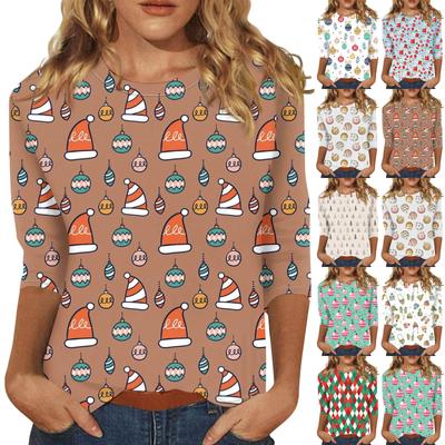 Женская мода повседневная рубашка с круглым вырезом и рождественским принтом, семь рукавов