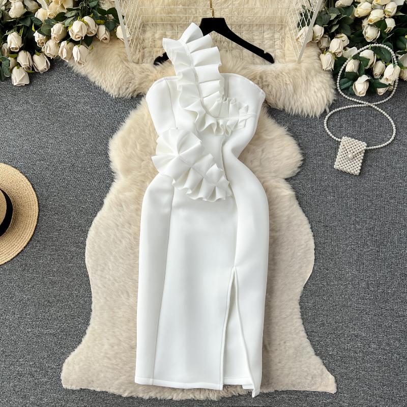 Шикарное цельное платье без бретелек с открытыми плечами, женское сексуальное платье без рукавов с плиссированными оборками, женское корейское модное винтажное вечернее платье 2025