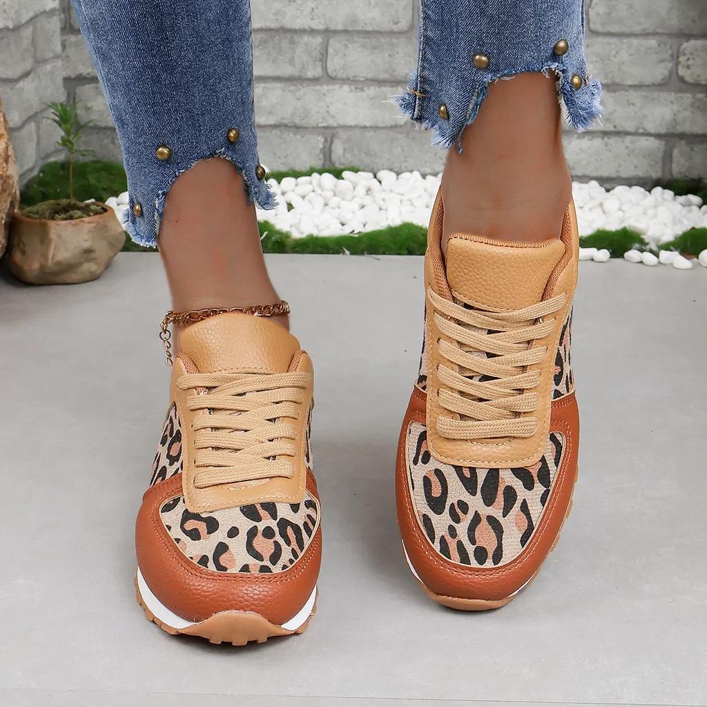 Осенняя женская повседневная обувь, модная женская спортивная обувь с леопардовым принтом 2024 года, женские кроссовки на платформе со шнуровкой Zapatillas De Mujer