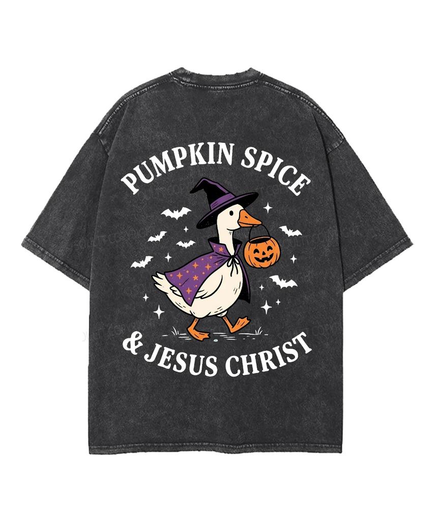 Pumpkin Spice & Jesus Christ Witch Duck Pumpkin Graphic Vintage Washed T-Shirt Unisex Oversized Short Sleeve Retro Casual Tops