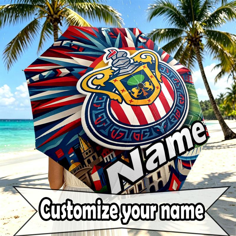 Custom Name Personalized Club Deportivo Guadalajara Print Umbrella, Auto Open Close, 8‑Rib Sturdy Frame, Commute Camping Hiking Use, Birthday Gift