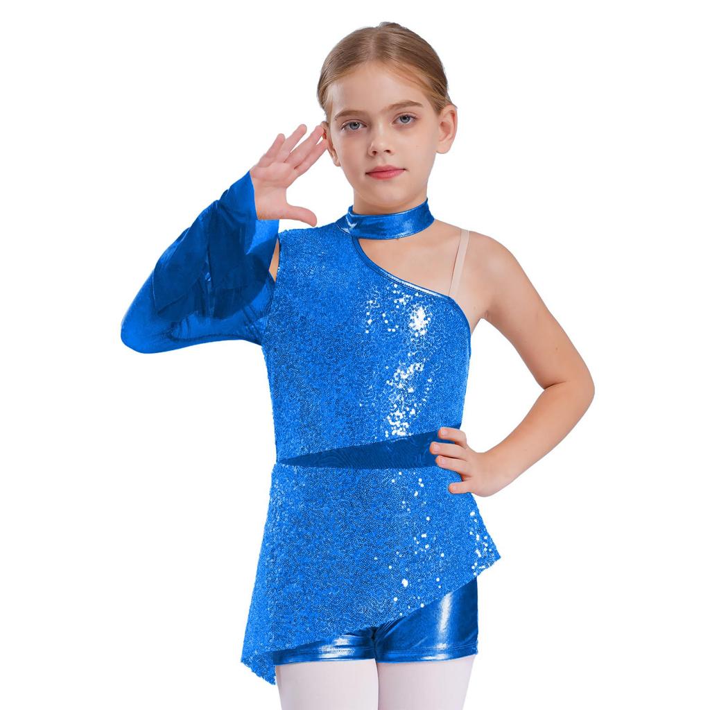 Девочки Пеплум Купальник Танцевальный Костюм Асимметричный Дизайн с Открытым Плечом с Прозрачными Сетчатыми Рукавами-Воланами Боди