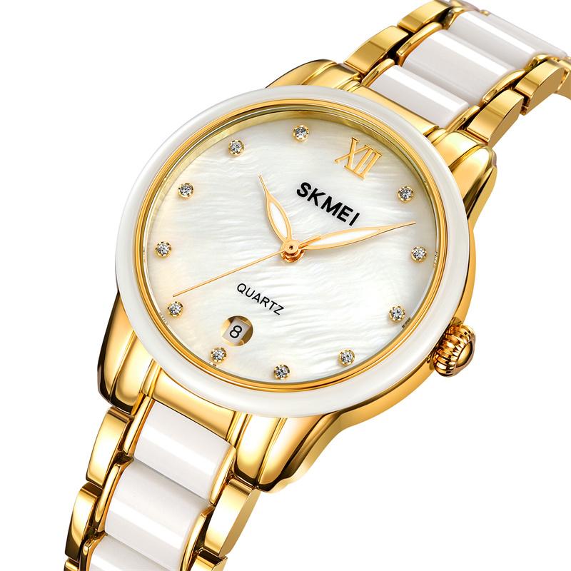 Skmei Womens Quartz Calendar Wristwatch Luxury Rhinestone Dial Zinc Alloy Band Analog Display Female Bracelet Waterproof Watches