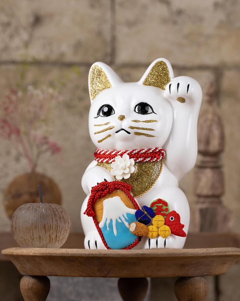 Счастливый кот Фудзи Левосторонний кот Счастливый кот Манеки Кот Фудзияма Украшение Фэн-шуй Коробка для пожертвований Белый Гора. (M-SIZE Белый) Поднятый/Керамический_Lucky (fj_M