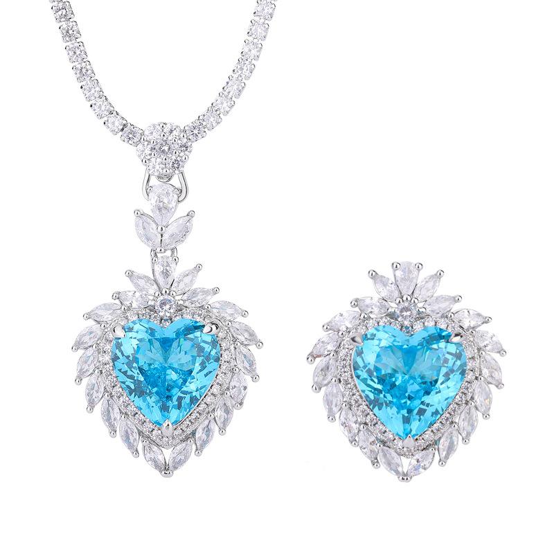 Ювелирные изделия Медное основание с золотым покрытием Имитация Топаза Синий Подвеска Сердце Кольцо Набор Основной камень 15 * 15