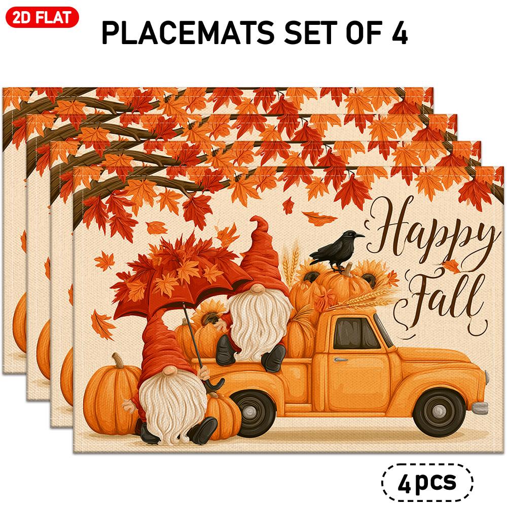 4pcs/6pcs Autumn Placemats Suitable for Indoor/Outdoor Fall Table Decor with Pumpkin Maple Leaf Gnome & Orange Truck Patterns, Rectangular Table for T