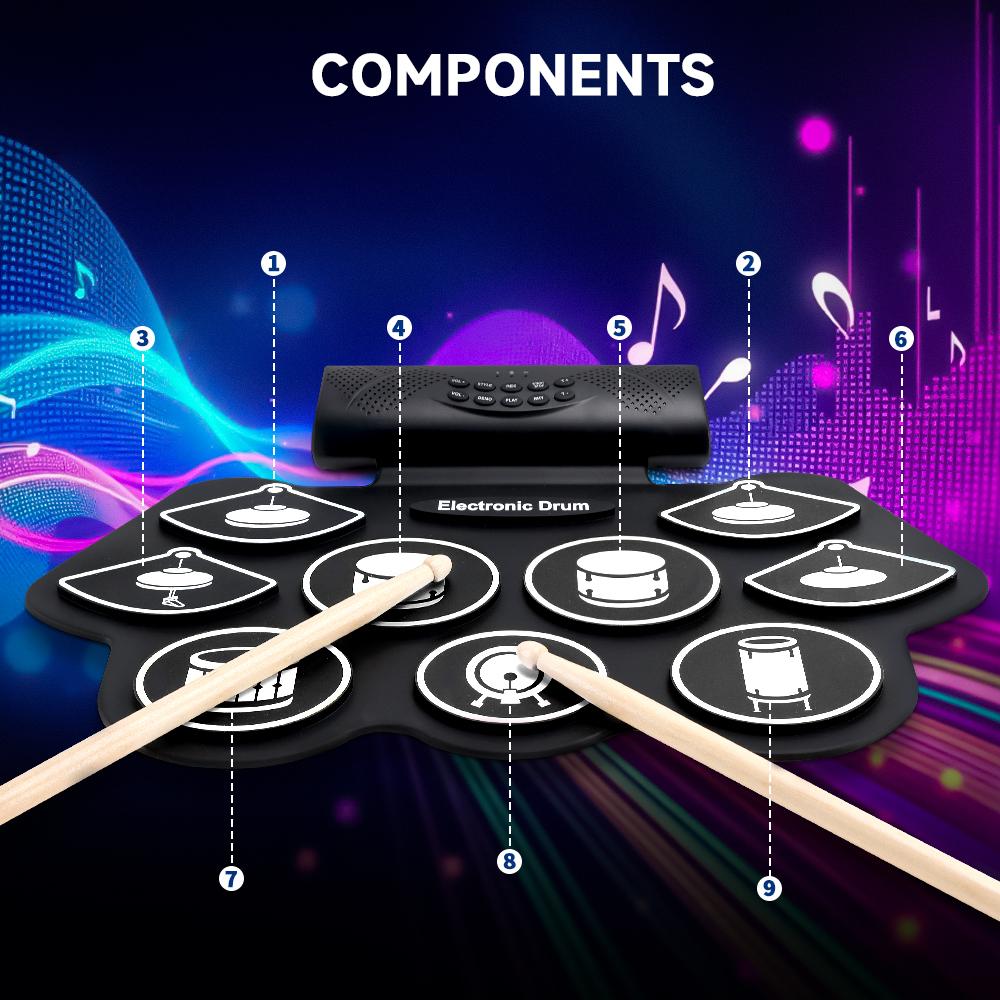 Hand Roll Drum Set 9-Pad Drum Set Built-in Stereo Speakers Foot Pedal Birthday Gift Drum Practice Set