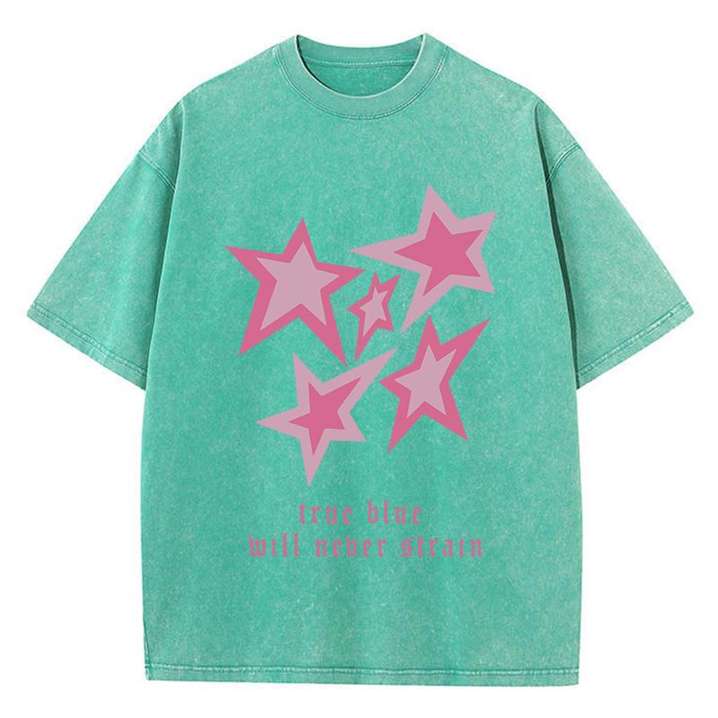 True Blue Will Neber Strain Cotton Washed T-Shirts Women Star Printed T Shirt Summer O-Neck Oversized Tops Casual Woman Clothes