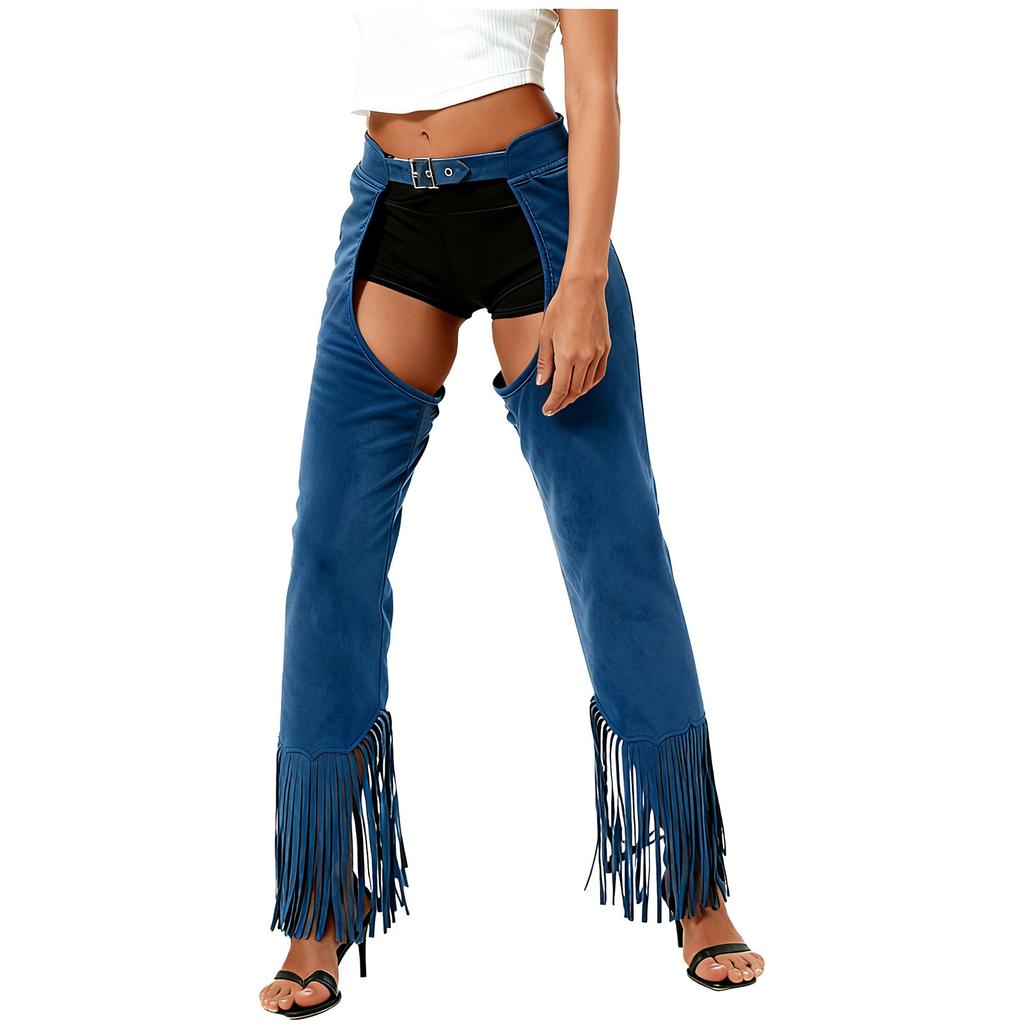 Womens Suede Cowgirl Chaps Fringe Split Open Crotch Adjustable Buckles Pants Vintage Costume