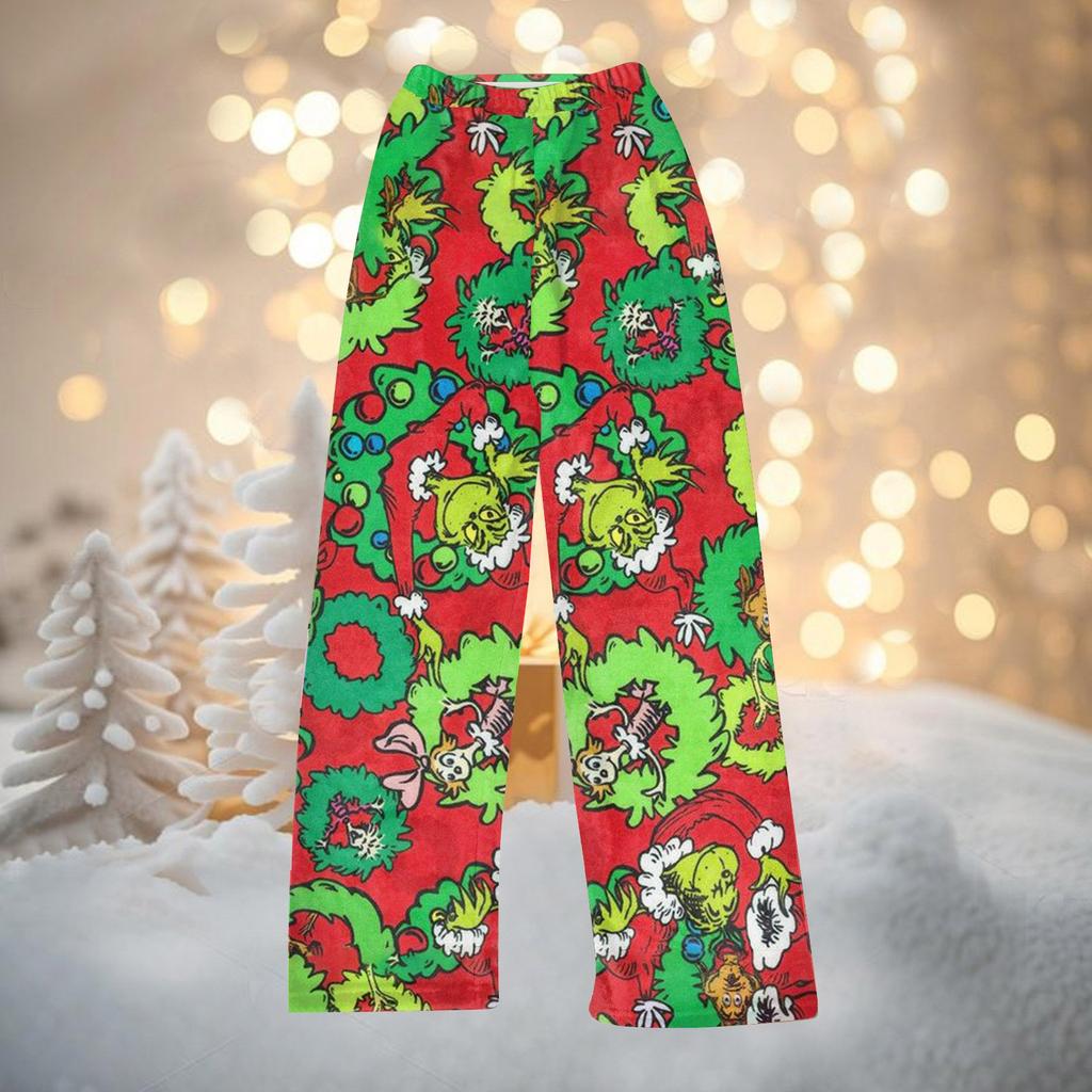 Женские осенне-зимние брюки, длинные брюки, фланелевые брюки с рождественским принтом