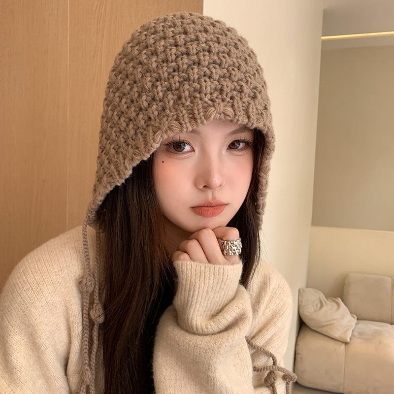 Winter Handmade Fashion Fringed Ball Wool Hat Thickened Thermal Bald Hat Women's Ear Protectors Straps Knitted Hat Tide