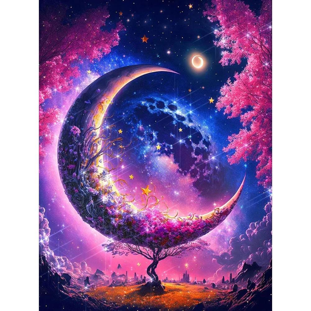Алмазная картина Полный дрель Цветок Луна Пейзаж Круглая алмазная живопись Ручная работа Фруктовый десерт Diy Алмазная мозаика Картина Украшение дома