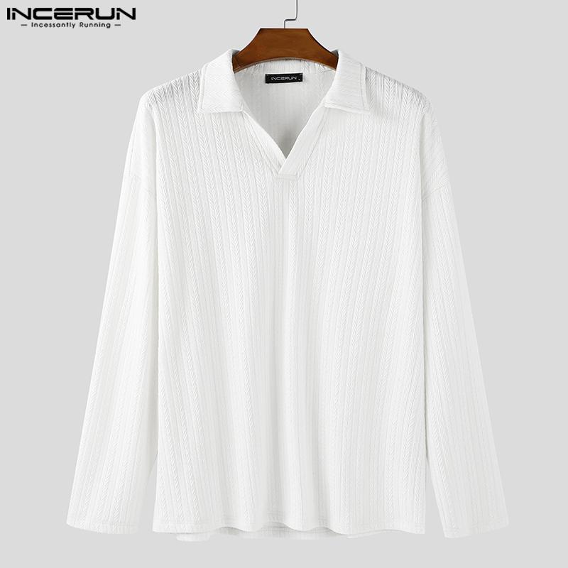 INCERUN Autumn Men Lapel Neck Long Sleeve Texture Pullover Tops