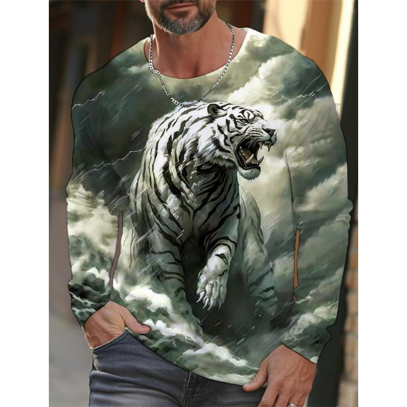2024 New Tiger Print Pullover Autumn Winter Men's Casual Long Sleeve Round Neck Sweatshirt Streetwear Harajuku Men's Wear