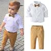 Little Boys 2-piece Gentleman Suit, Solid White Color Button Long Sleeve Bow Shirt Long Elastic Waist Trousers