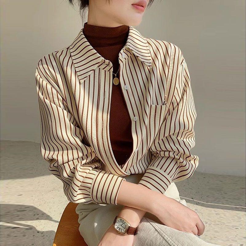 Дизайнерская Повседневная Новая Полосатая Рубашка с Длинным Рукавом Весенне-Осенние Топы Универсальная Свободная для Повседневной Носки