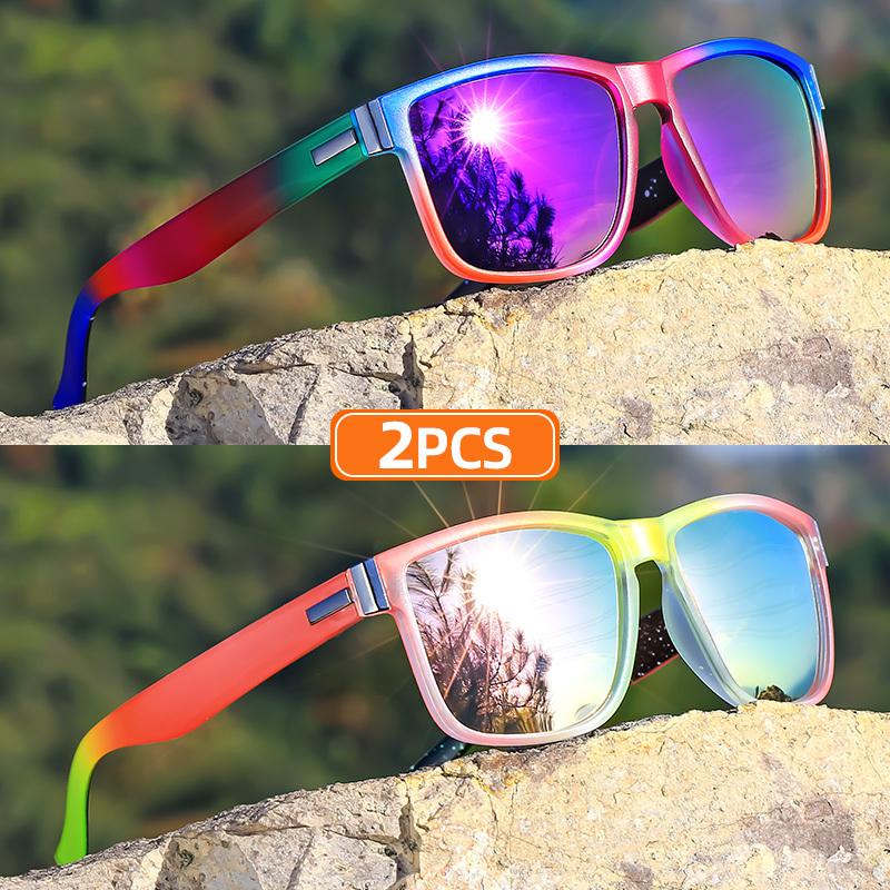 2pcs Classic Square Frame Sunglasses, Gradient Color, Full Rim, Polycarbonate Frame, TAC Lens, Polarizer, Sports Style
