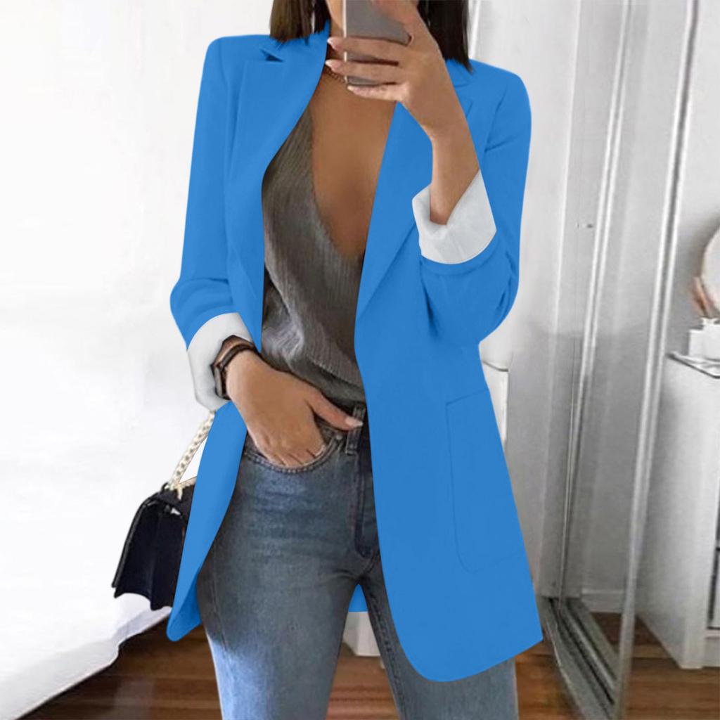 Женский блейзер-жакет с длинным рукавом, однотонный, с открытой передней частью, повседневный, легкий, приталенный, костюмное пальто для работы и повседневной носки