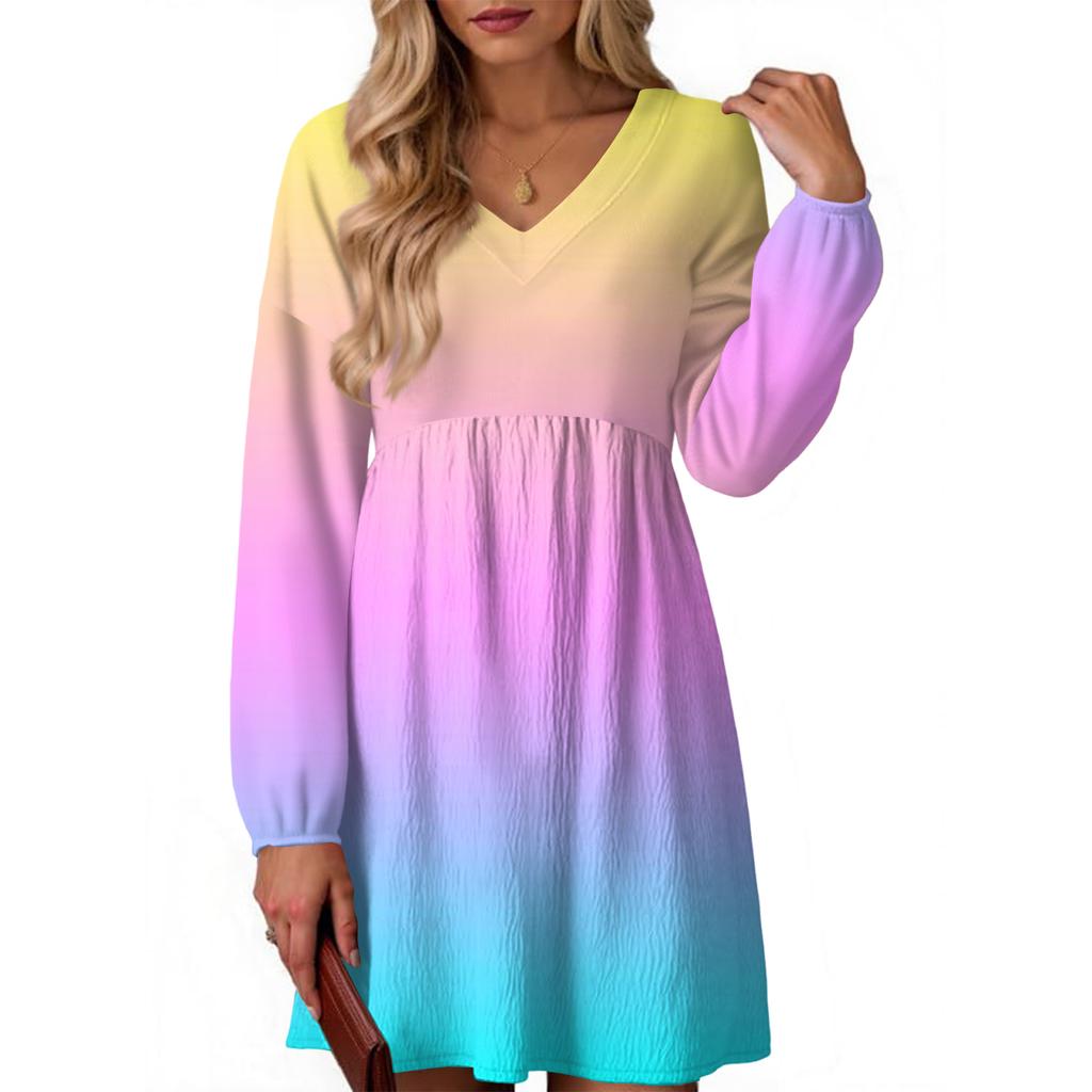 Women's Fashion Gradient V-Neck Long Sleeve Dress