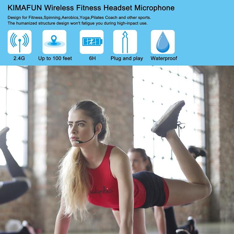 KIMAFUN 2.4G Wireless Headset Microphone Waterproof Sweatproof Mic for Fitness Coach Yoga Dance Teacher School Classroom Speaker