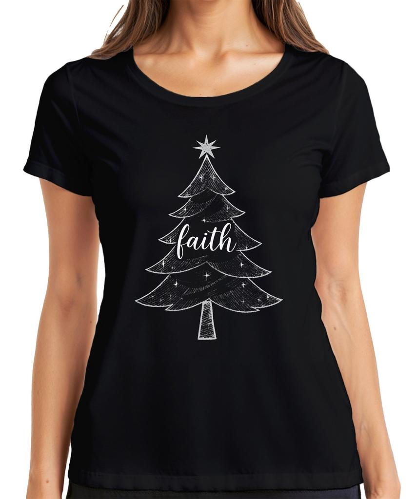 faith Christmas Xmas Tree Faith Religious Sketch Chalk Retro Ladies T-Shirt