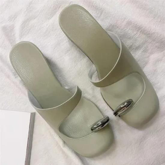 Женские тапочки с круглым носком для женщин с полыми металлическими носками, полутапочки на танкетке, женские мюли из натуральной кожи, повседневная пляжная обувь