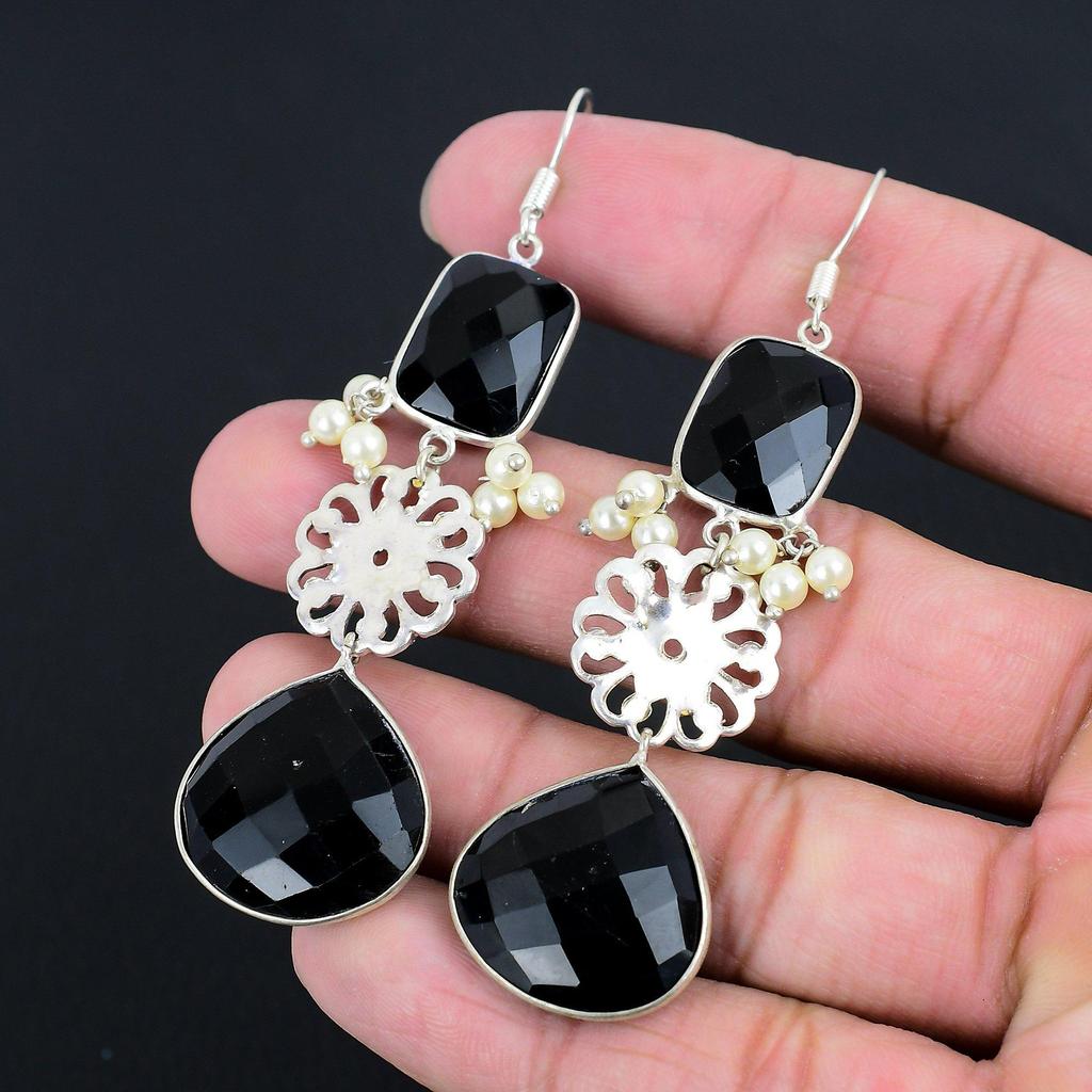 Halloween Deal 925 Silver Natural Black Spinel Sister Boho Dangle Drop Earrings