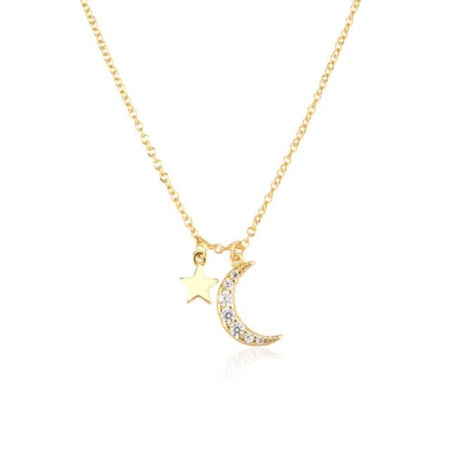 925 Sterling Silver Gold Zircon Cz Moon Star Pendant Charm Long Chain Necklace Women Wedding Jewelry Crystal Luxury