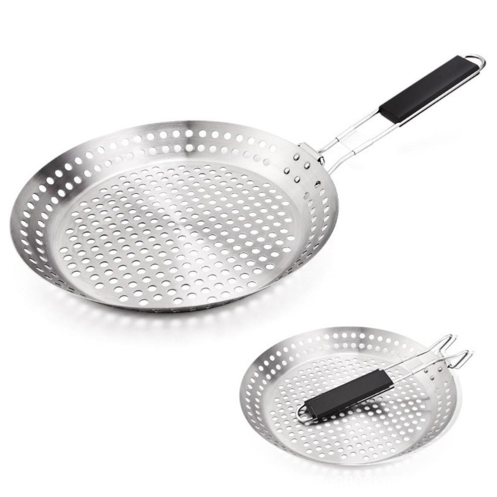 Circular BBQ Plate Folding Wood Handle Grill Fry Pan Portable Barbecue Tray  Outdoor Barbecue