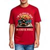 Adult Men O Neck tshirt Brand Analog Man In Digital World Vinyl Record Turntable Music Notes Sunset Background Minimalist